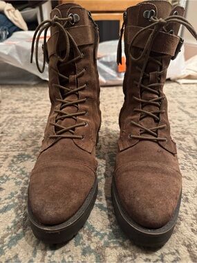 Sam Edelman Junip Brown Suede Leather Lug Sole Combat Boots Calf Buckle US 9 EUC